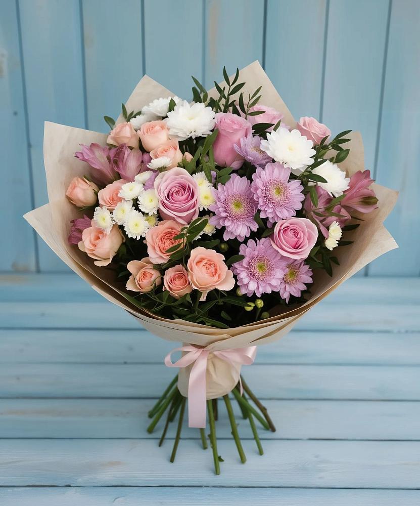 Букет цветов из: Хризантемы, Розы и Альстромерии в Сольцах