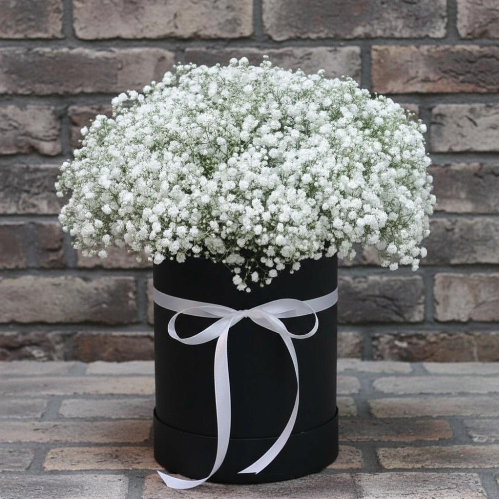 Цветочная композиция из Гипсофила в шляпной коробке в Сольцах