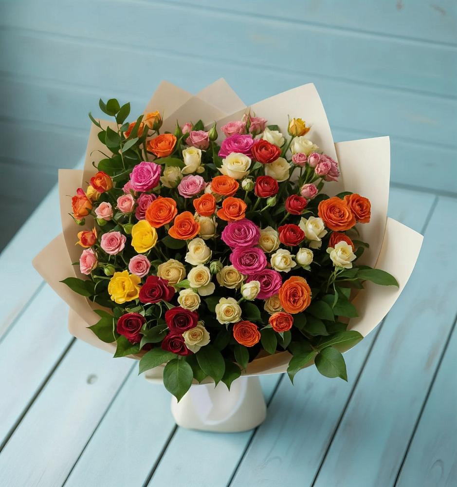 Букет Микс из разноцветных кустовых роз в Сольцах