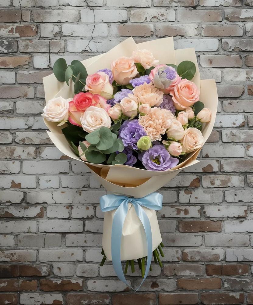 Букет цветов из: Розы, Лизиантусы и Гвоздики в Сольцах