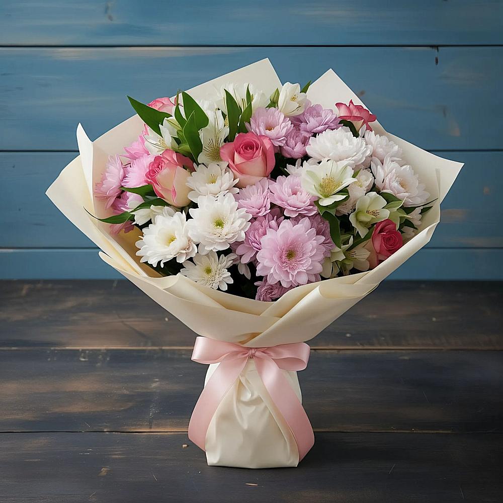 Букет цветов из: Хризантемы, Альстромерии и Розы в Сольцах